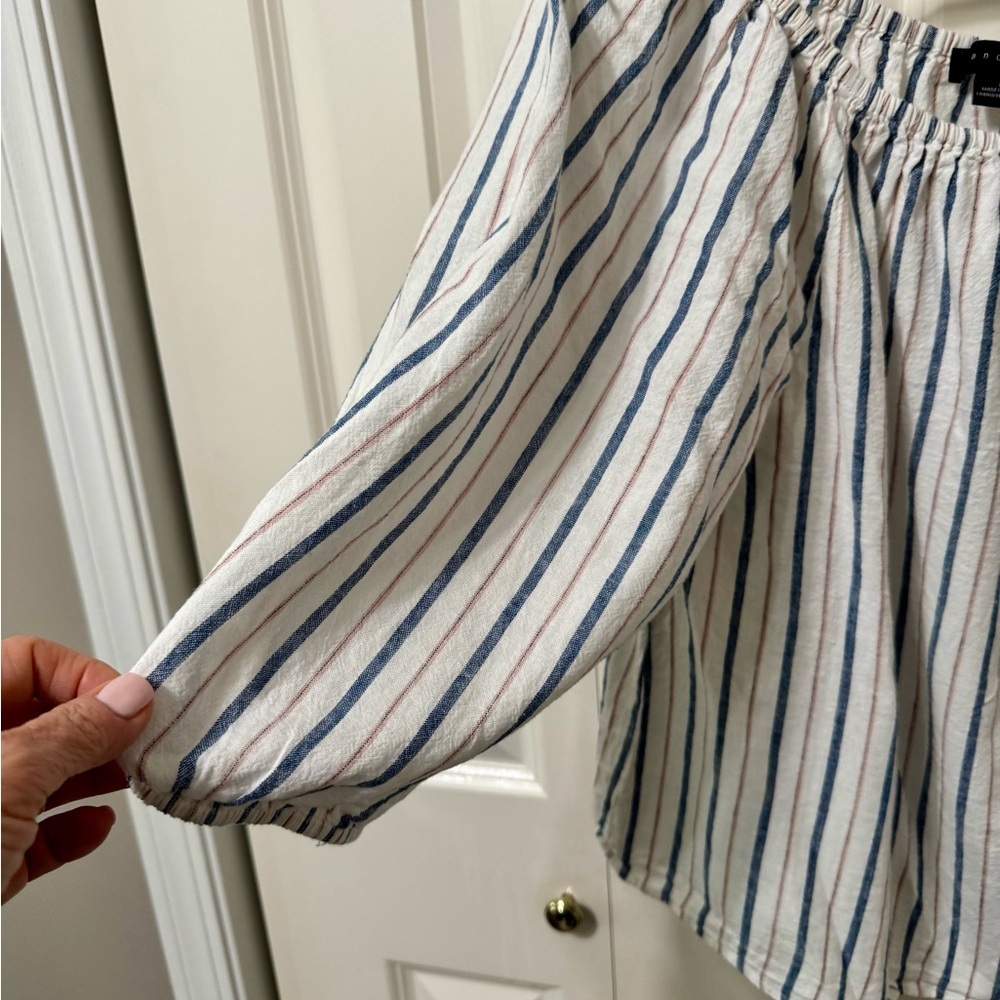 Evereve EUC❤️Sanctuary White/Navy/Tan Stripe. Off/on shoulder Puff Sleeve - Picture 5 of 9